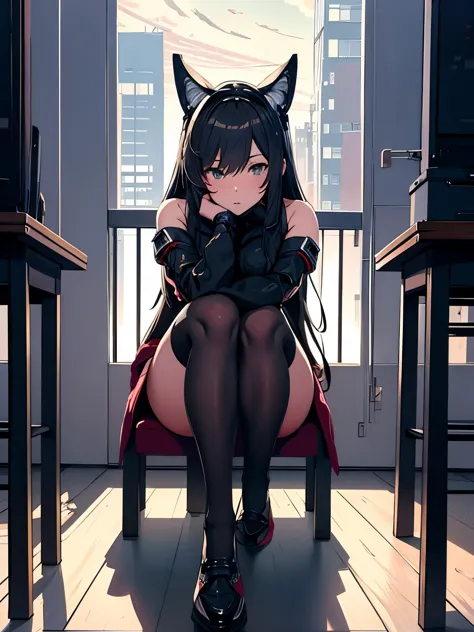 anime girl sitting on a chair with her legs crossed, fine details. girls frontline, thick smooth warframe thighs, thighs close u...