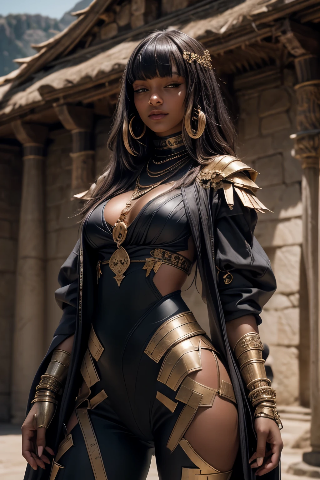 A stunning woman, clad in a skimpy warrior outfit, boasts a narrow waist, holding a spear in one hand, standing proudly before a highly detailed castle backdrop. The dynamic lighting casts sharp focus on her every feature, making her smooth, dark melanin radiate. The image exudes a sense of power and allure, captured in a moment of unyielding determination. Taken with expert precision, this smooth and intricately detailed photograph promises to leave an indelible impression. (Inspired by European and American women prompts).

[European woman: 1.0], [Warrior outfit: 1.2], [Narrow waist: 1.