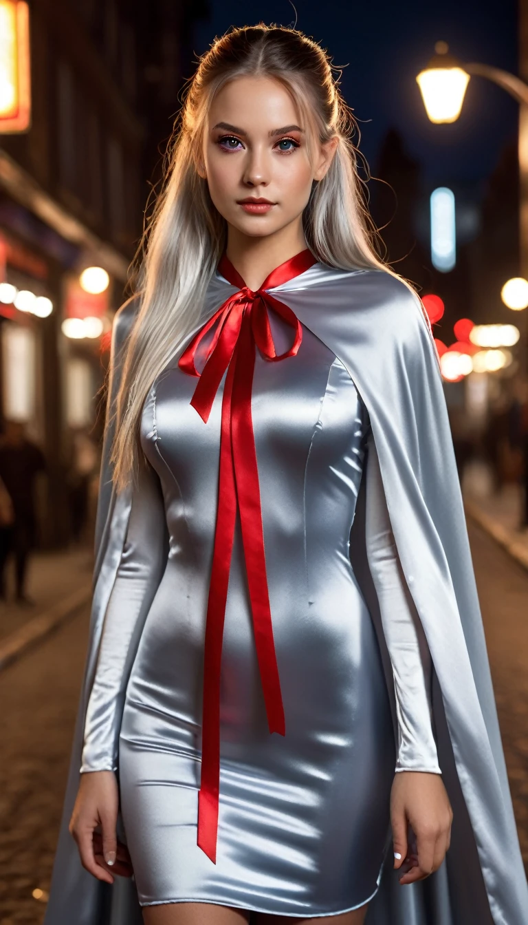 (RAW Photo) , (highly detailed:1.20) , ultra realistic :1.10) , gorgeous girl in her 20s , (perfect face:1.20) , (detailed red eyes:1.20) , with long silver hair in ponytail , (((long silver satin cape tied at the neck with a ribbon :1.20))) , silver minidress  , full body, walking down street at night , high-quality ultra realistic style, detailed eyes, professional, expressive , 8K , highly detailed , professional,