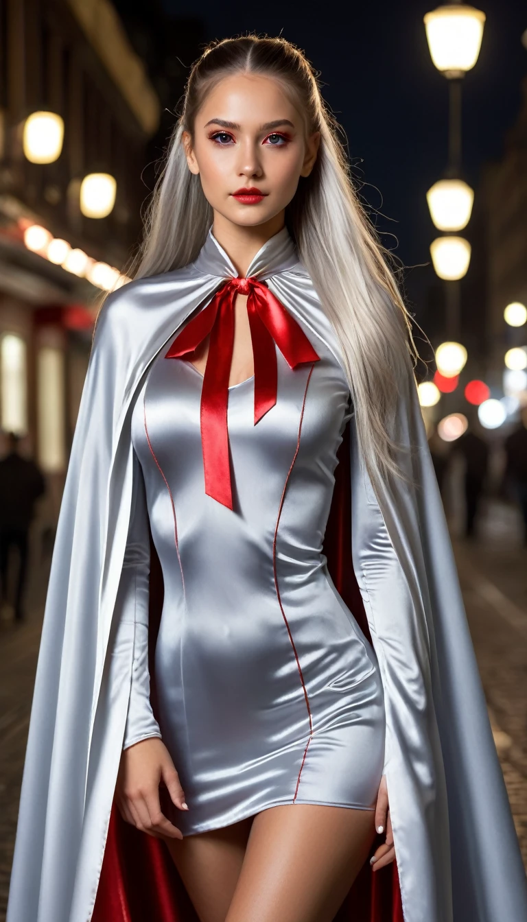 (RAW Photo) , (highly detailed:1.20) , ultra realistic :1.10) , gorgeous girl in her 20s , (perfect face:1.20) , (detailed red eyes:1.20) , with long silver hair in ponytail , (((long silver satin cape tied at the neck with a ribbon :1.20))) , silver minidress  , full body, walking down street at night , high-quality ultra realistic style, detailed eyes, professional, expressive , 8K , highly detailed , professional,