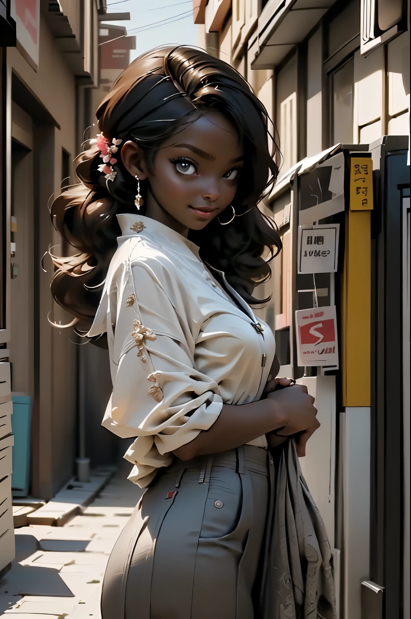 (photo from the front, dynamic and sensual pose), ((1 beautiful young African-American girl with dark and beautiful skin, black hair, anime style hairstyle, Animagine XL style clothes: 1.5)), dynamic pose shopping on a busy street, (Hyper detailed: 1.3), ((evening light: 1.3)), ((Imaginative scene)), ((long shot: 1.4)),((Best quality)), ((work master)), 3d, (( (sunset:1.2))), ((Front camera)), 32k .