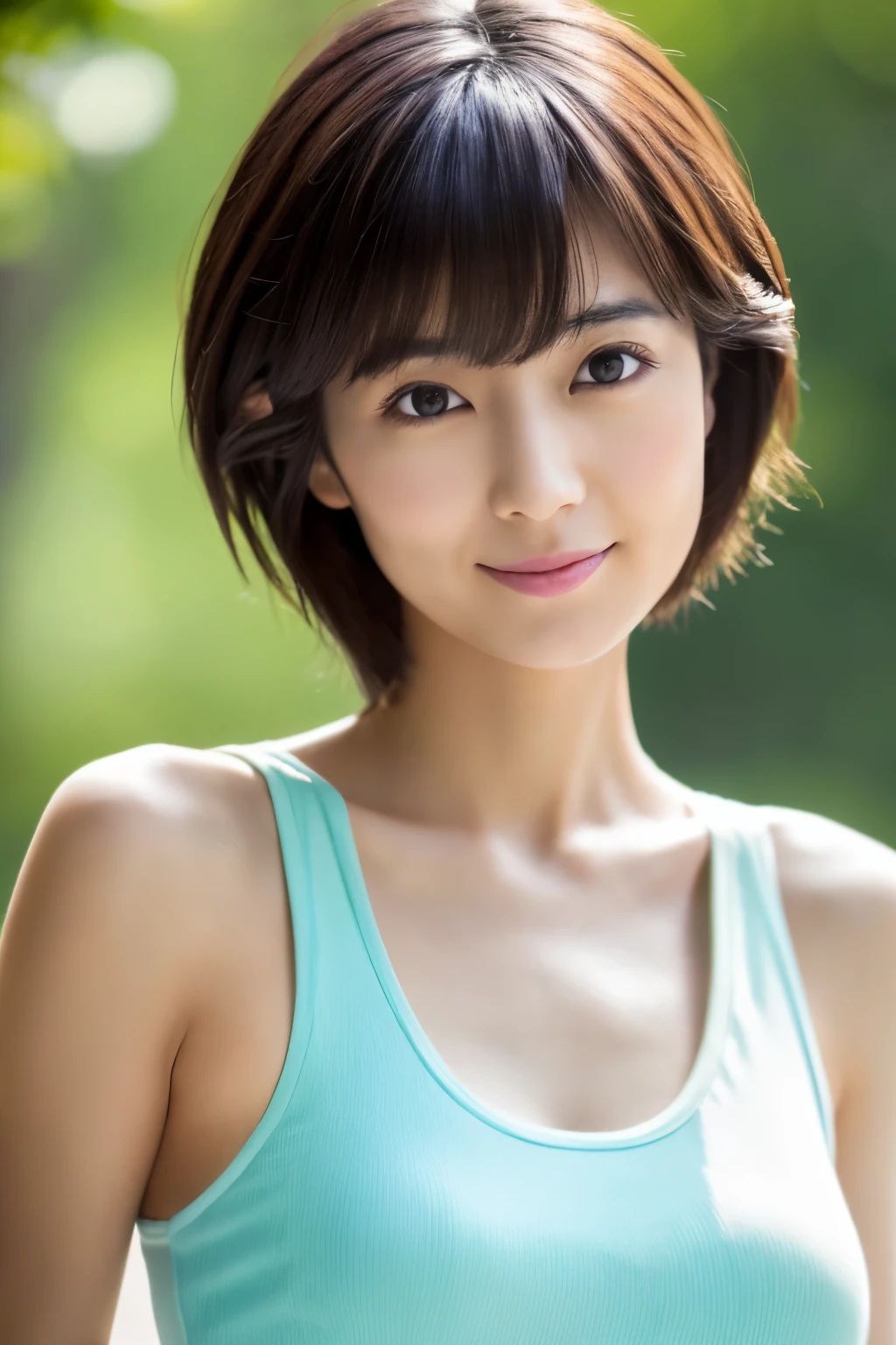 (highest quality, 8K, masterpiece), Skinny Japanese woman, 30 years old, cute face, detailed face, detailed eyes, sexy, attractive, pixie cut, Tank top, realistic skin, small breasts, emphasize thin waist,