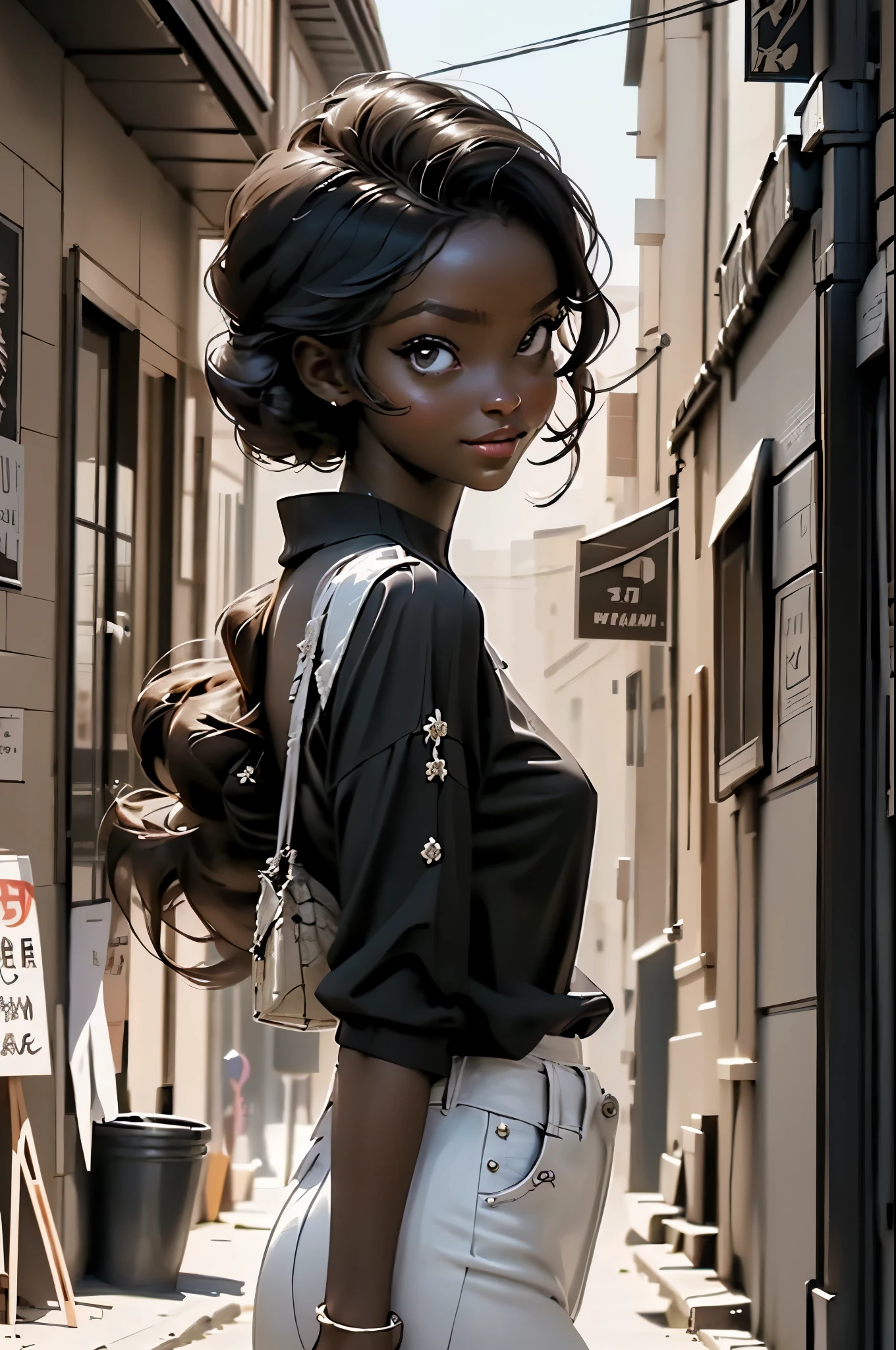 (photo from the front, dynamic and sensual pose), ((1 beautiful young African-American girl with dark and beautiful skin, black hair, anime style hairstyle, Animagine XL style clothes: 1.5)), dynamic pose shopping on a busy street, (Hyper detailed: 1.3), ((evening light: 1.3)), ((Imaginative scene)), ((long shot: 1.4)),((Best quality)), ((work master)), 3d, (( (sunset:1.2))), ((Front camera)), 32k .