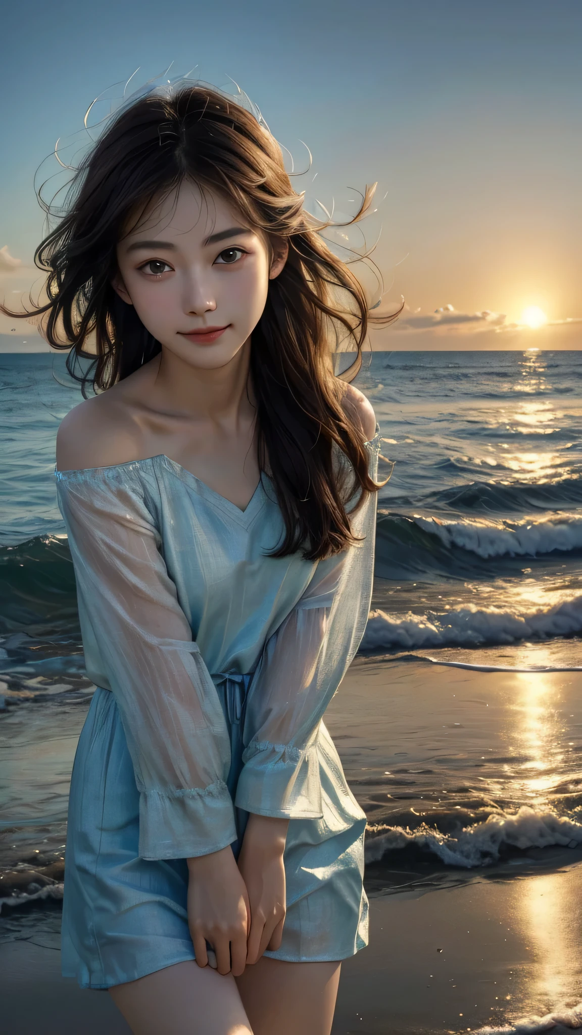 (Close-up:1.4)、(RAW photo:1.2)、(photorealistic:1.4)、(masterpiece:1.3)、(highest quality:1.4)、young japanese woman、(night scenery:1.2)、thin clothes、girl、Put one foot in the sea、standing on tiptoe、cute girl、Landscape、Between the horizon and the sea、view from the side、Ripples spreading from the toes、Standing about 20 meters away、on the sea、beach、The whole scene shineeteors、illumination、