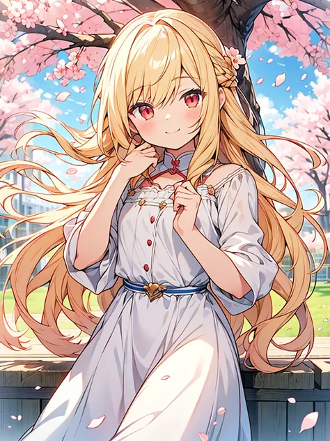 anime, cute young boy, beautiful CG illustration, long blonde hair, red eyes, soft sunlight, motherly smile, fun, bright, flat b...