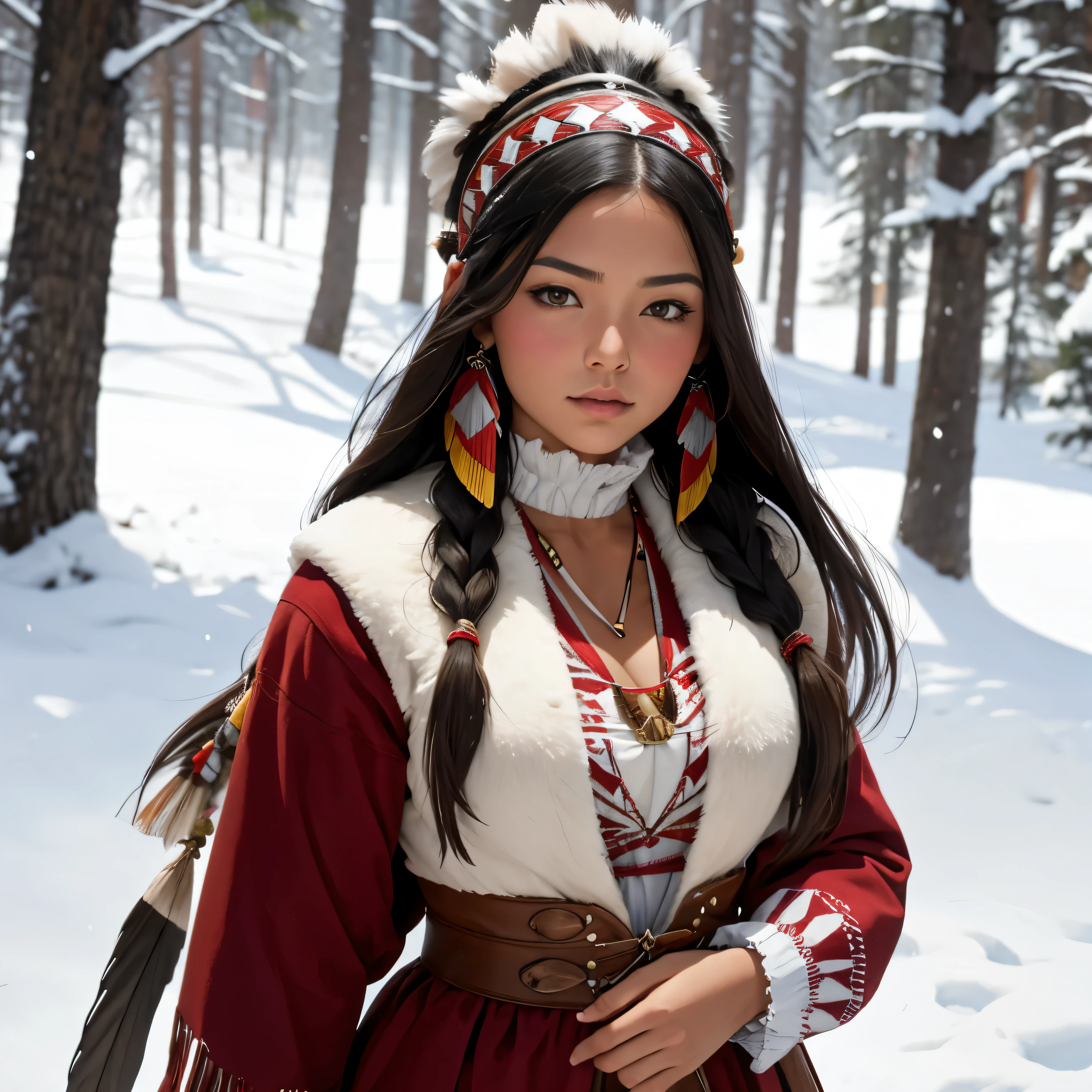 Araffe woman in native dress in the snow with a feather - SeaArt AI