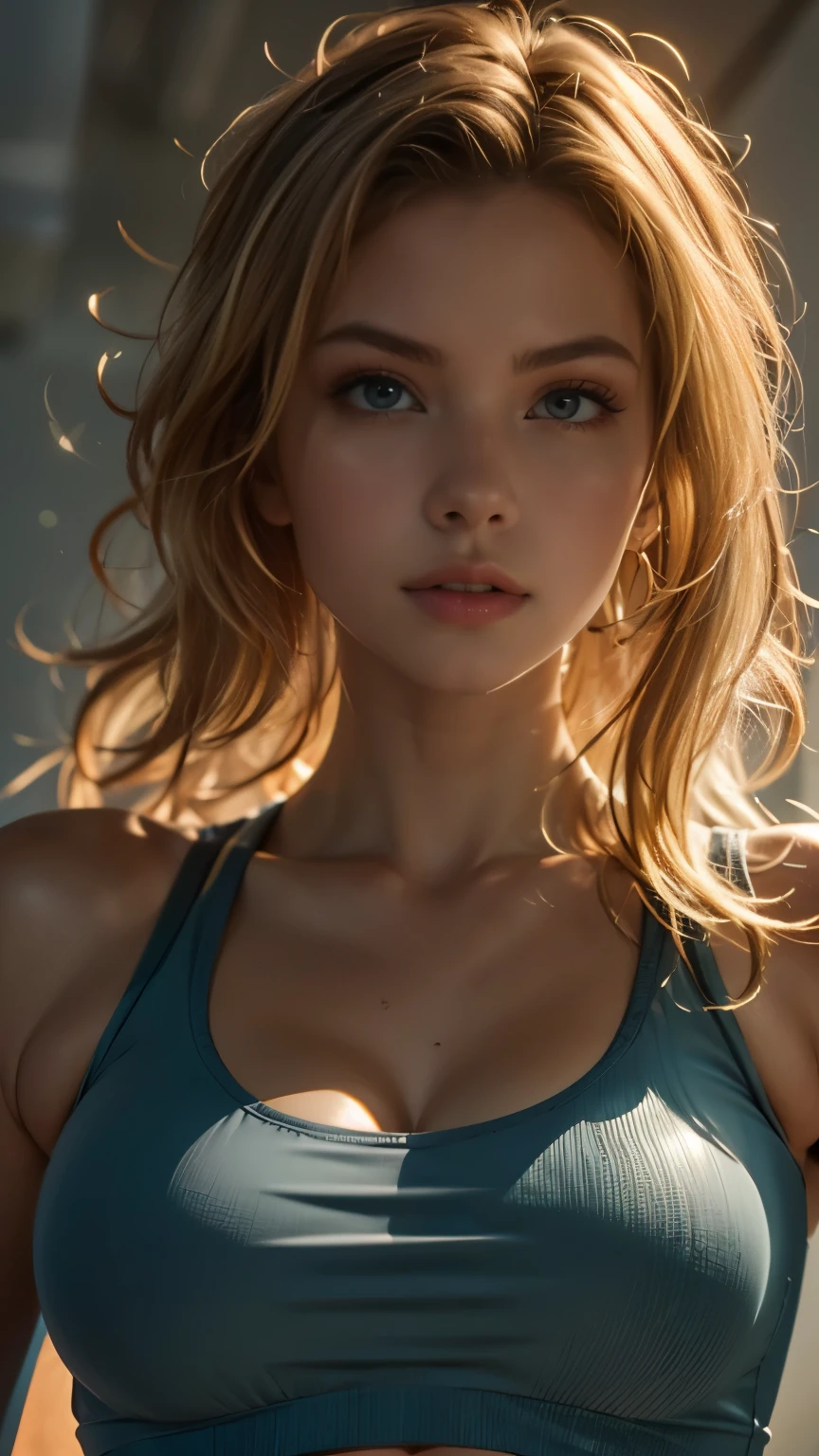 (((ultra realistic))), photo, masterpiece, best quality, trending on artstation, (long blonde hair:1.2), (detailed eyes:1.2), heavy eye makeup, mascara, detailed hair, shiny skin, (focus on face and cleavage:1.1) (detailed skin and pores:1.3), large breasts, cleavage, (wearing grey sports bra:1.3), (wearing yoga pants:1.1), slim waist, perfect hips, bokeh, depth of field, soft lighting, (play of light and shadow:1.2), ultra detailed