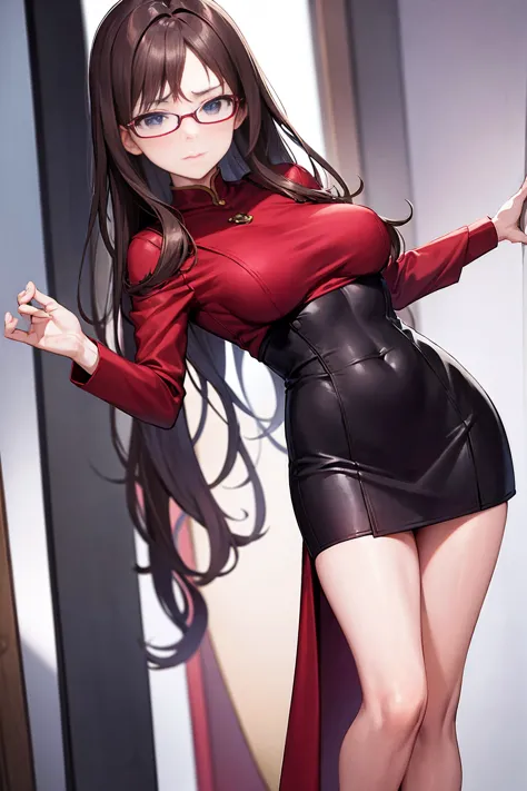 brown hair,Shoulder-length hair,blue eyes,OL,Tight skirt suit ,red glasses,Are standing,purple underwear,panties are visible,shy...