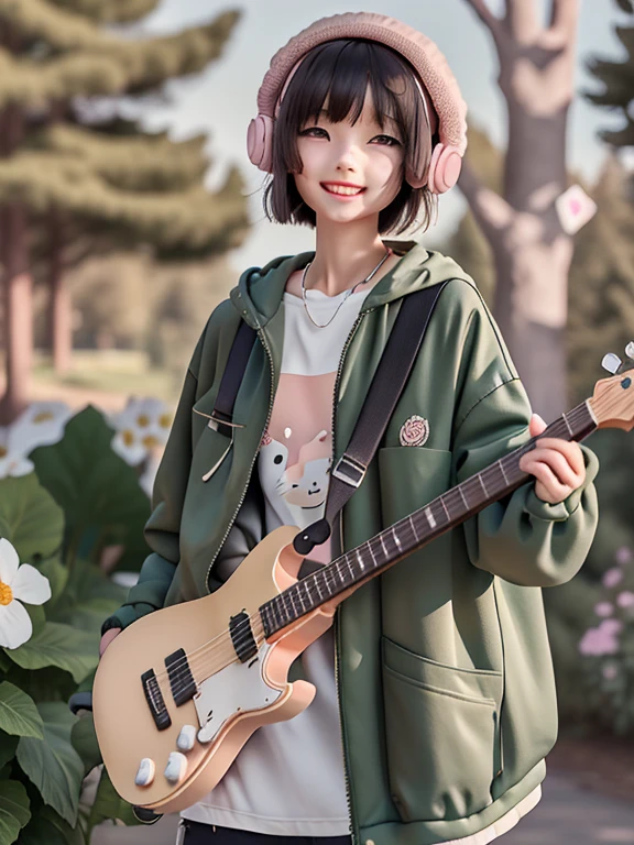 (masterpiece),(best quality),(ultra-detailed), (full body:1.2), 1girl, cute, smile, open mouth, flower, outdoors, playing guitar, music, beret, holding guitar, jacket, blush, tree, :3, shirt, short hair, green headwear, blurry, brown hair, blush stickers, long sleeves, bangs, headphones, black hair, pink flower, (beautiful detailed face), (beautiful detailed eyes),