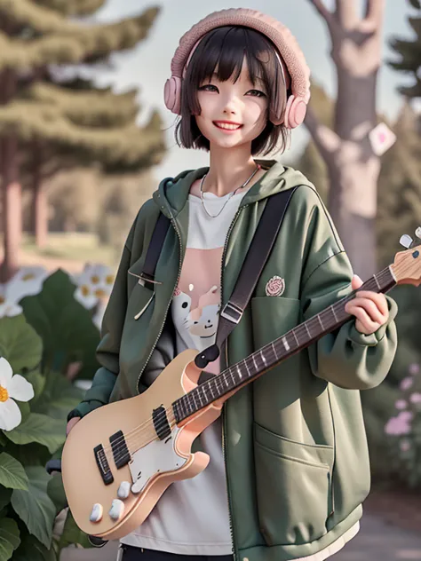 (masterpiece),(best quality),(ultra-detailed), (full body:1.2), 1girl, cute, smile, open mouth, flower, outdoors, playing guitar...