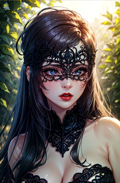 (A portrait shot,)1girl,(vampire),(wearing a black neopunk dress),(dark fantasy),(ancient|victorian),(sexy),(wearing a lace mask),(wearing a jacket),(outdoors),(best quality,4k,8k,highres,masterpiece:1.2),(ultra-detailed),(realistic,photorealistic,photo-realistic:1.37),(HDR),(UHD),(studio lighting),(ultra-fine painting),(sharp focus),(physically-based rendering),(extreme detail description),(professional),(vivid colors),(bokeh),(portrait),(dark ambiance),(sensual),(mysterious),(ethereal),(pale skin),(red lips),(intense gaze),(elegant pose),(lush greenery in the background)