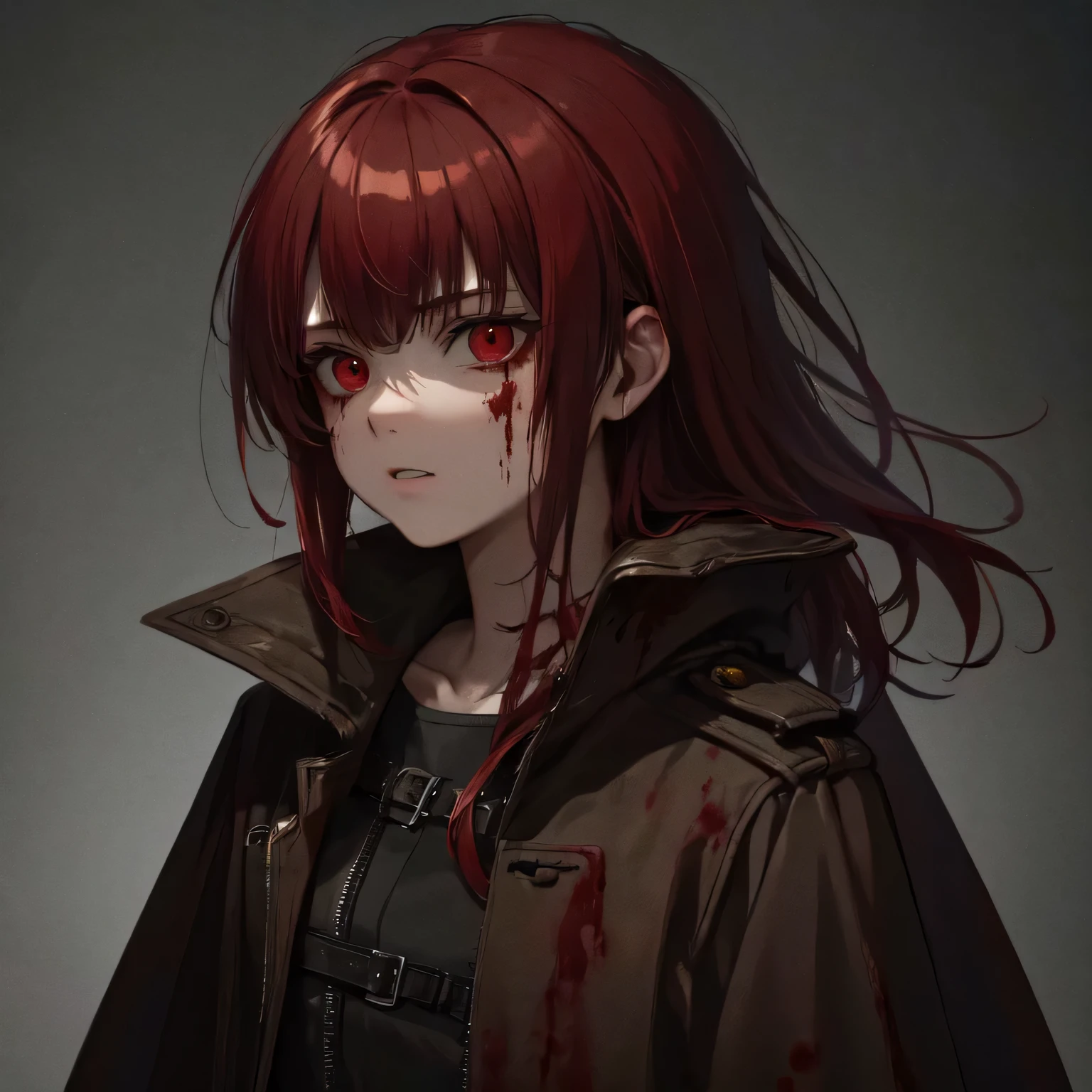 (best quality,highres:1.2),ultra-detailed,realistic,horror,16-year-old blood-soaked killer girl with red hair and red eyes, blood on her face and clothes, wearing a trench coat and black cape, Van Helsing style. Dark scene