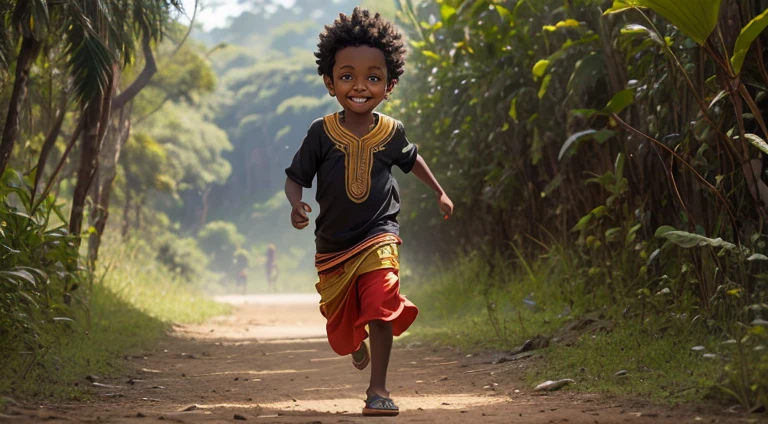 인도 옷을 입은 소년, 검은 피부색, 흑인 소년, 원주민 소년, 숲속을 달리다, 그는 숲에서 달리고 있어요, 웃고있는, 아프리카 의류, 아프리카 소년