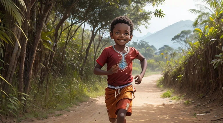 A boy in Indian clothes, cor de Pele preta, menino negro, indigenous boy, correndo na floresta, ele esta correndo na mata, sorrindo, roupa africano, menino africano