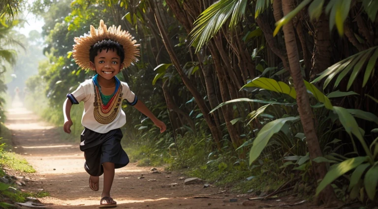 A boy in Indian clothes, cor de Pele preta, menino negro, indigenous boy, se escondendo na floresta, ele esta correndo na mata, sorrindo, roupa africano, menino africano