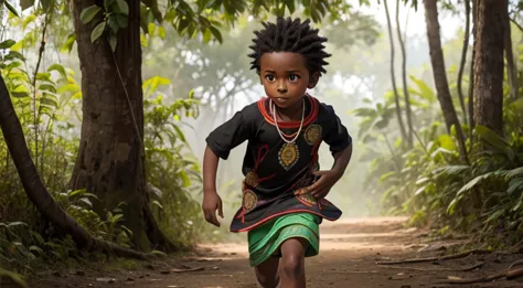 A boy in Indian clothes, cor de Pele preta, menino negro, indigenous boy, se escondendo no meio da floresta, ele esta correndo n...