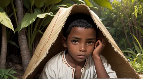 A boy in Indian clothes, cor de Pele preta, menino negro, indigenous boy, hiding behind bushes, ele esta na mata, roupa africano...