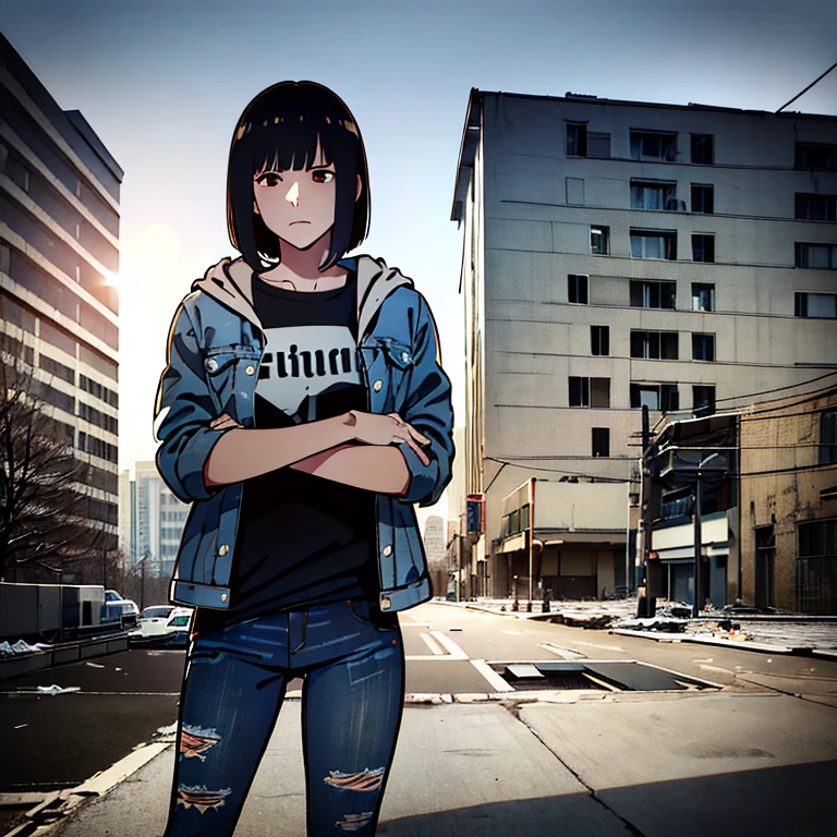 (best quality,4k,8k,highres,masterpiece:1.2),ultra-detailed,(realistic,photorealistic,photo-realistic:1.37),Bob cut with curtain bangs,dark hair, denim jacket,gray hooded jacket,graphic t-shirt,distressed jeans,distressed cut off jean ,red and white sneakers, standing in an abandoned building with a camera around her neck,