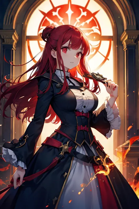 a red haired woman with red eyes with an hourglass figure in a victorian dress is practicing fire magic at night