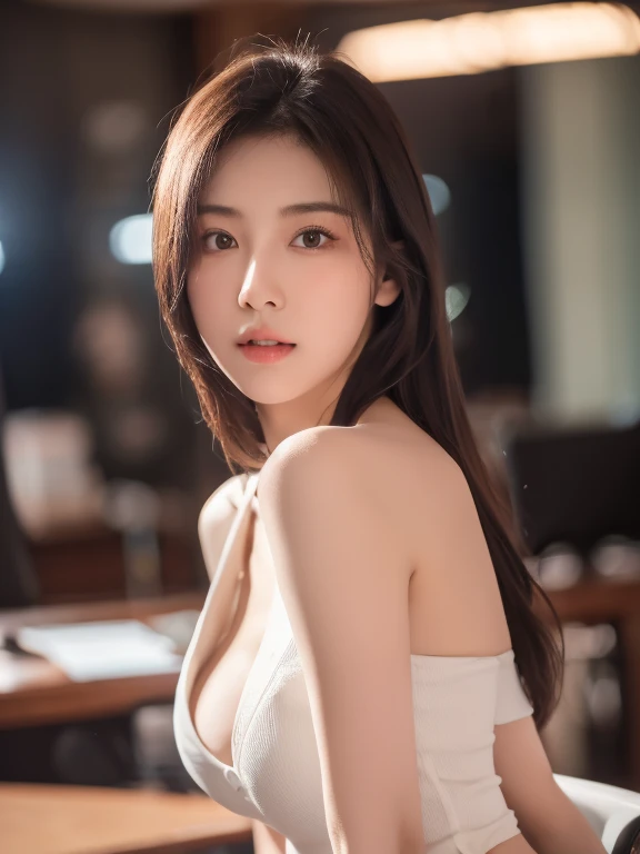 8k, masterpiece, RAW photo, best quality, photorealistic, extremely detailed CG unity 8k wallpaper, Depth of field, Cinematic Light, Lens Flare, Ray tracing, (extremely beautiful face, beautiful lips, beautiful eyes), intricate detail face, ((ultra detailed skin)) 1girl, in the dark, deep shadow, ((looking at viewer)), (blurry background), (pretty girl), clear eyes, extreme long shot, (pale skin), face forward, (big eyes), large breasts, (masterpiece, best)), (1girl), (office room) bangs, mid-chest, (full), slim, exciting face, [wide hips], Bare shoulders, Full body, office, lots of document, boss, suit.