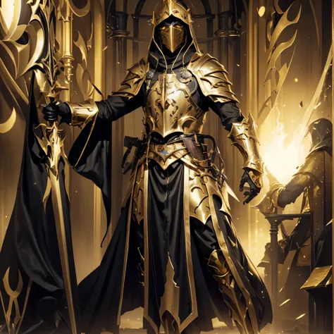 there is a man dressed as a knight holding a sword, Cultist in the Yellow Robe, black and gold armor, black and gold armor, holy...