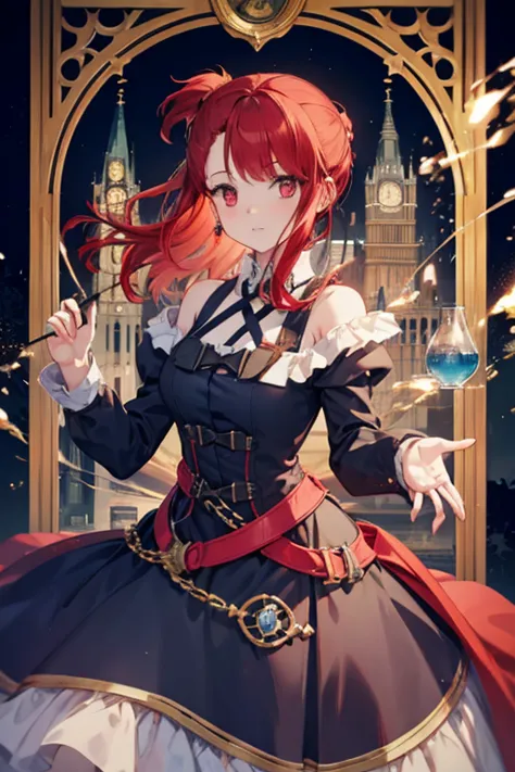 a red haired female wirch with red eyes with an hourglass figure in a victorian dress is playing with bubbles in the early morni...