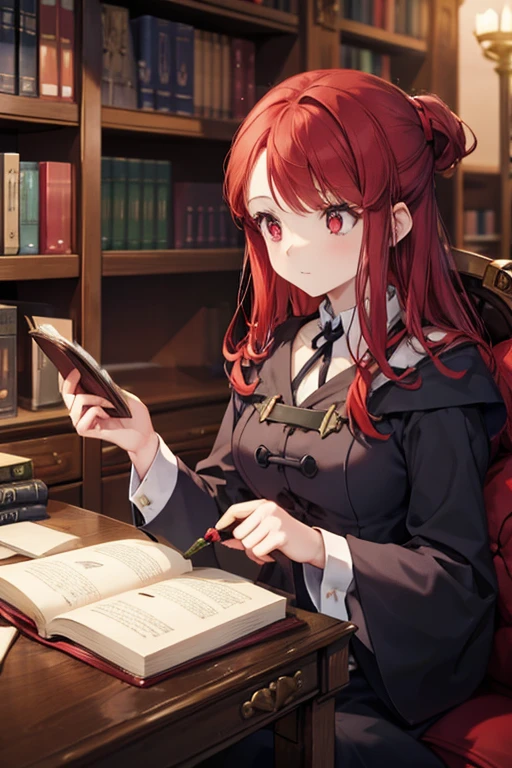 A red haired woman with red eyes with an hourglass figure in a victorian dress is picking out a spell book in the library