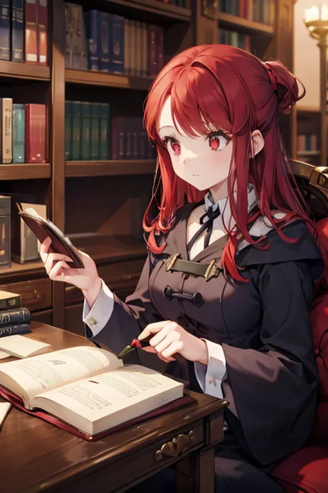 a red haired woman with red eyes with an hourglass figure in a victorian dress is picking out a spell book in the library