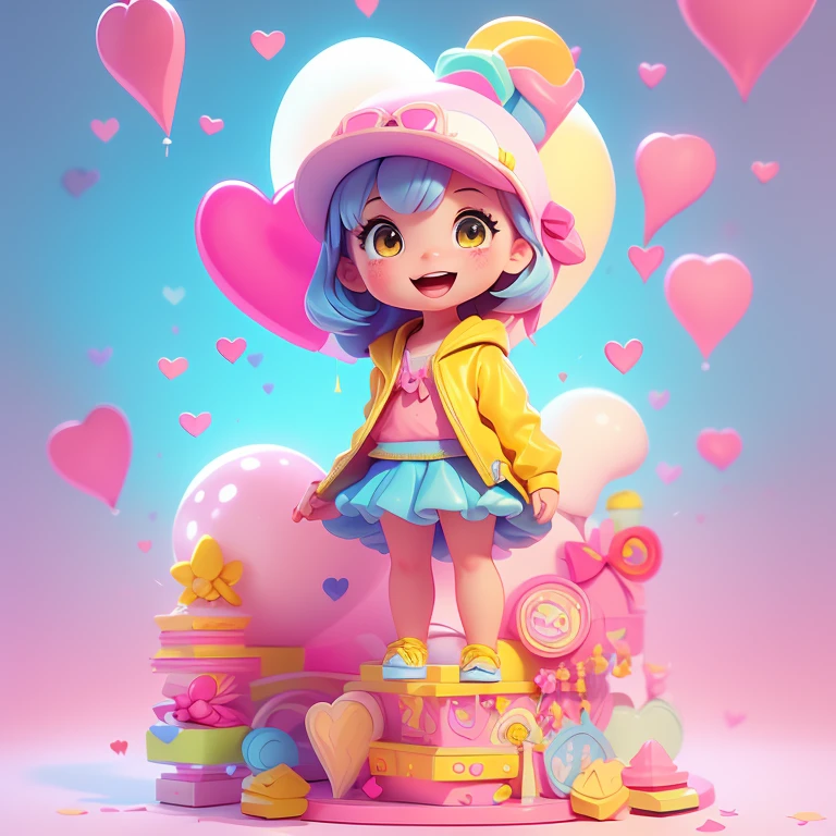 female 3D animation that looks fun, wears informal clothes in pink, white and yellow. The background is a pastel wallpaper with hearts decoration.