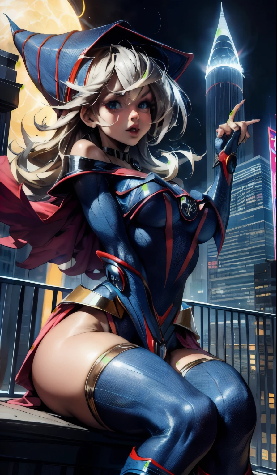 Dark magician gils spiderman version (Masterpiece, 4K resolution, ultrarealistic, Very detailed), (White superhero theme, charismatic, there is a girl on top of the city, wearing Spider-Man costume, she is a superhero), [ ((25 years), (long and blond hair:1.2), whole body, (Blue eyes:1.2), ( jumping from one building to another), ((sandy urban environment):0.8)| (urban landscape, At night, dynamic lights), (full moon))] # Explanation: The message mainly describes a 4K ultra high definition painting., very realistic, Very detailed. Shows a superheroine on top of the city., wearing a Spider-Man costume. The theme of the painting is a superhero theme. Sensual and innocent pose 