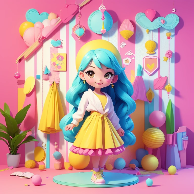 Woman around 25 years old 3D animation that looks fun, wears informal clothes in pink, white and yellow. The background is a pastel wallpaper with cute decoration.