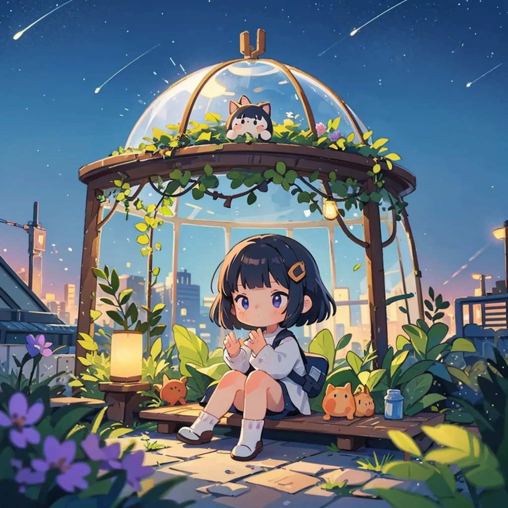 highest quality, masterpiece, very detailed, detailed background, anime, 1 girl, young girl, short girl, SF, SF, outdoor, night, starry sky, greenhouse, huge structure, biodome, Wind景, scenery, horizon, rooftop, sitting on rooftop, Wind, look away, atmosphere lighting, focus only, close, From the side, Depth of the bounds written, Bokeh, ((Carefully depict the fingers:1.5))