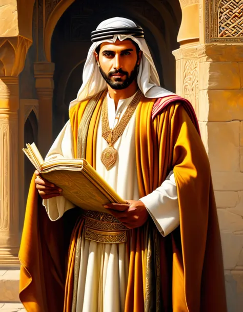 A Middle Eastern prince from the Middle Ages who is strong and friendly, packing his beautiful and fine belongings, getting read...