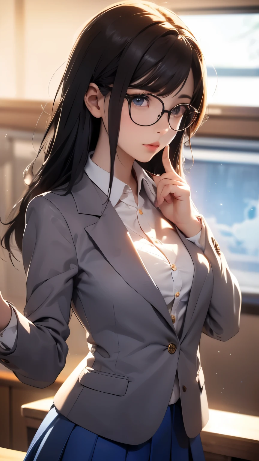 (pieces fly, highest quality, High resolution, ticker, perfect pixel, written boundary depth, In 4K), 1 adult female, alone, , beautiful anime woman, teacher, school teacher, Wear glasses, Wearing a suit with a jacket, Tight Skirt, classroom,,Teaching from the podium, looking at the viewer, perfect body, long hair, black hair, black eye, big , winter, throw, from below, Upper body, concentrated , close shot, 