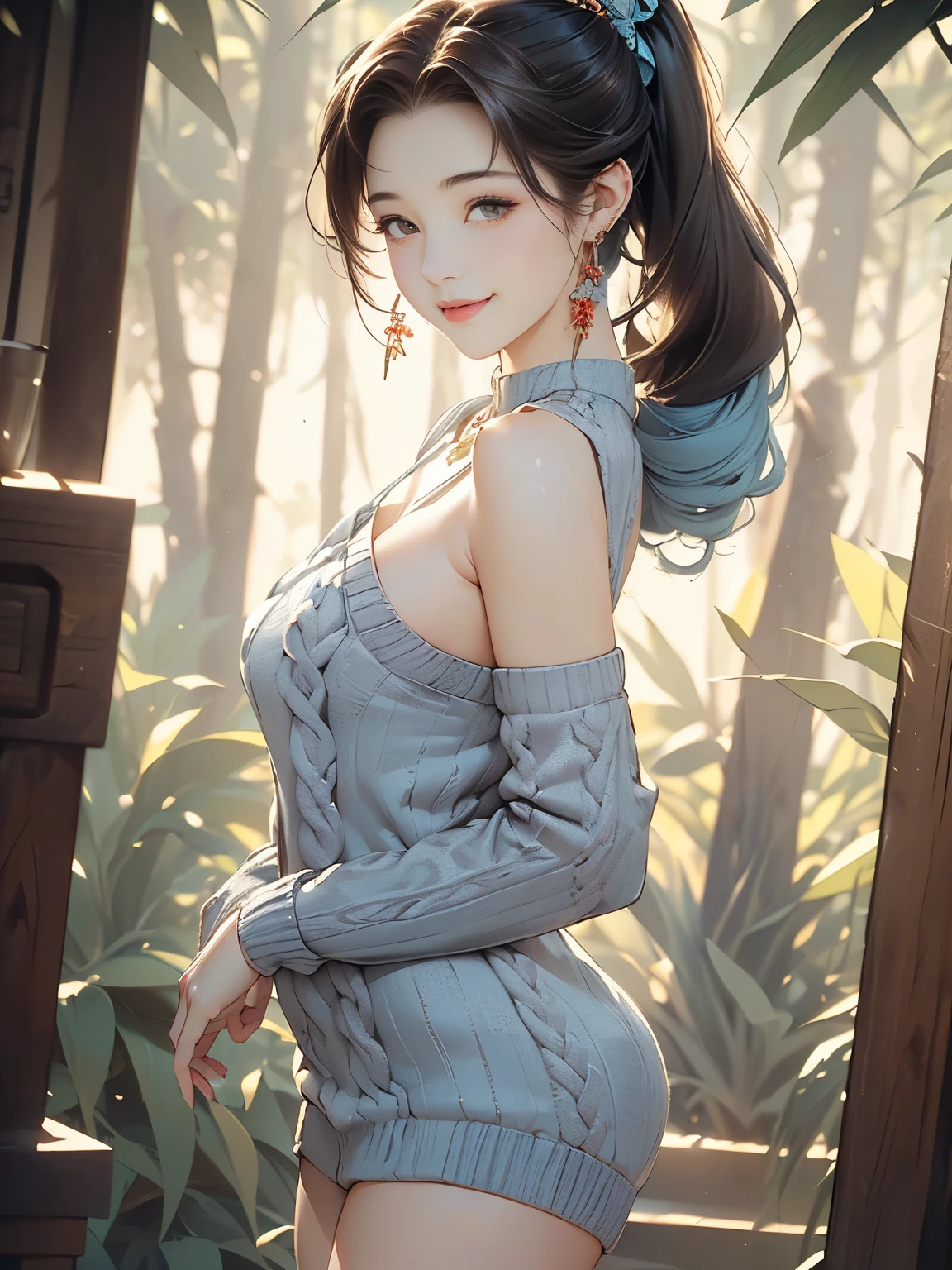 ((((highest quality))))、(((Ultra-precision CG16K wallpaper)))、(((masterpiece)))、(((Super detailed)))、(((super extreme details)))、((１people&#39;s women))、mature woman、24 year old woman、(((clarity、detailed face:1.6)))、((Japanese face))、((very beautiful face))、((Mai Shiraishi:1.5))、((straight long ponytail hair、blunt bangs:1.5))、(shiny brown hair)、((Big eyes with double eyelids))、beautiful delicate eyes、brown eyes、raised eyebrows、high nose、small nostrils、small mouth、seductive lips、beautiful breasts、((C cup size breasts))、cleavage、plump body、(Chubby body type)、perfect proportions、perfect anatomy、perfect composition、beautiful detailed shading、beautiful natural lighting、beautiful detail glow、Depth of the bounds written、(((High chroma)))、(((real:1.9)))、((vivid:1.5))、((edge:1.6))、((beautiful skin))、((skin texture))、((Realistic skin feel))、(((thigh-high cowboy shot:1.6)))、((front angle:1.8))、((A shy, smiling face:1.5))、(Eyes looking at me:1.5)、Bright daylight、Natural light、(((in the forest:1.5)))、(Walking pose:1.5)、(((V-neck rib knit long sweater_light blue color clothing:1.6)))、((earrings、wearing necklace:1.3))、