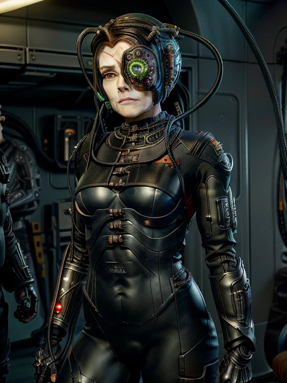 (best quality:1.2), 1girl, full body showing, correct anatomy, correct eyes, detailed face, pretty face, zero expressions, spacesuit, cyborg, (correct drawn face)++, (black and red two-toned hair)+, half-red half-black retro wavy hairstyle, MUF, epic scenery,correct drawn fingers,  trekborg, borg, wires in head, implants, grey skin veins, metal armor, cable, eyepatch, green lighting