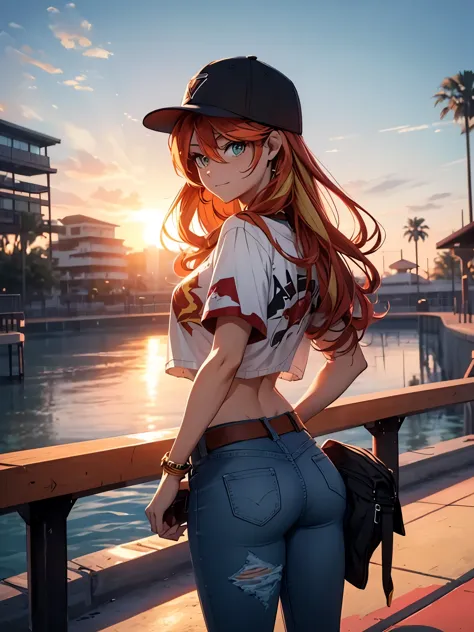 Sunset shimmer, loose shirt, baseball hat, torn jeans, skateboard, scraped knees, happy, unzipped jeans, skate park