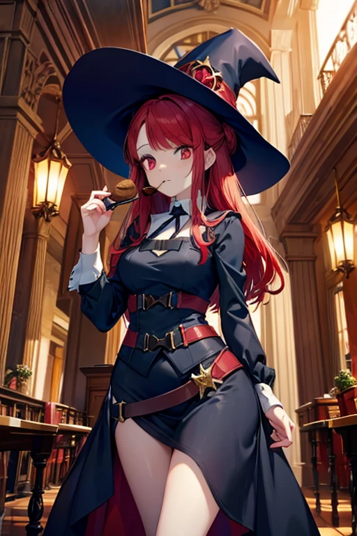 A red haired female witch with red eyes with an hourglass figure in a victorian dress is eating a cookie in a library