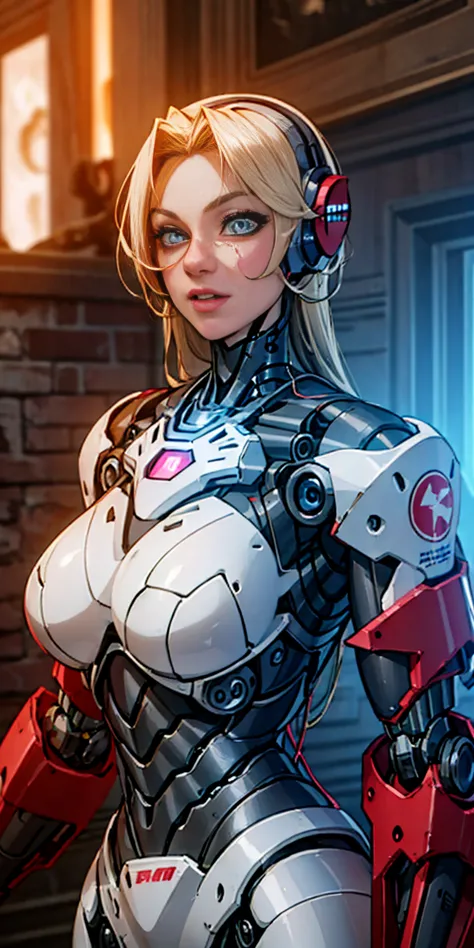 There is a woman in a robot suit posing next to an ancient building, Beautiful white girl half cyborg, Cute cyborg girl, Beautif...