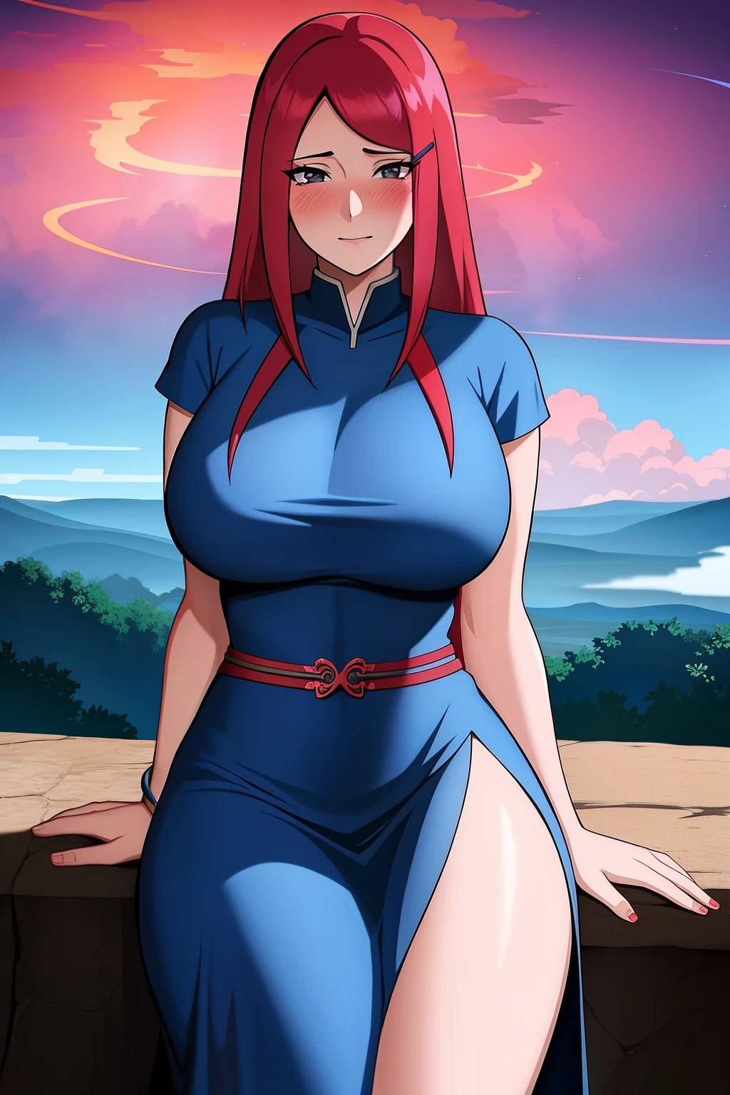 Female Kagé from Naruto Shippuden, con un cabello rojo radiante cayendo en cascada sobre sus hombros, Lleva un vestido azul que revela sutilmente su anatomía perfecta y un jutsu de lava intrincadamente detallado.. Su expresión feliz se ve acentuada por un suave rubor rojo en sus mejillas.. Sus hermosas manos, adornado con uñas perfectas, Descansa sobre la mesa mientras se concentra intensamente en el espectador.. El fondo tiene como telón de fondo un ambiente místico., paisaje ardiente, con vapor saliendo del flujo de lava.