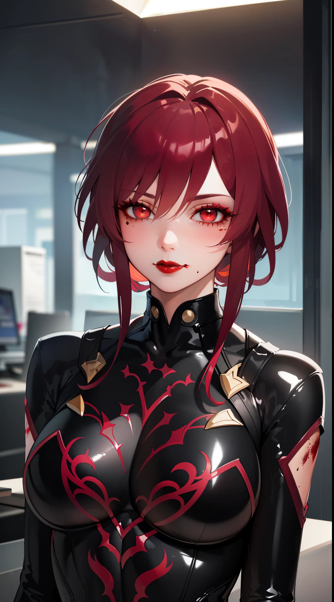 ((black latex bodysuit)), upper body, seductive look, blush, indoors, in office, looking at viewer, cloudy, moody lighting, (perfect detail eyes:1.2), glowing eyes, (Masterpiece, Best Quality, High Quality:1.4), professional artwork, Intricate Details, field of view, sharp focus, detailed painting, photorealistic lighting, trending on pixiv, (vivid lighting, vibrant colors:1.05), realistic shadows, ambient occlusion, (athletic body:1.3), mature woman, 30yo, hyperdetail eyes, beautiful eyes, (((solo:1.4))), semi-realistic hair, hyperdetailed clothes, (((beautiful red blood lipstick:1.3, beautiful red blood eyeshadow:1.3))),
