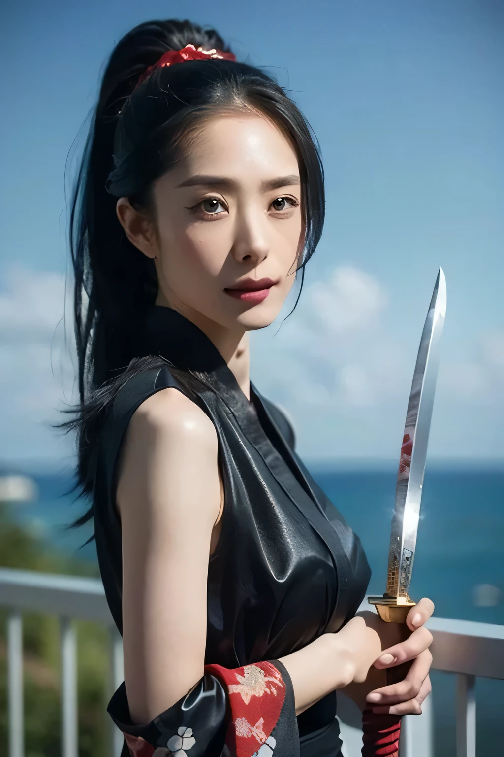 warrior,arms,armor,sword,alone,japanese armor,warrior,long hair,black hair,holding,knife,holding arms,topknot,looking at the viewer,cigarette,1 girl,hair ornaments,ponytail,sheath,black eye,holding sword,shoulder armor,Blood,male focus,Hairpin,kusazuri,sheathed,gloves,kimono,Blood splatter,Are standing,black gloves,looking to the side,cowboy shot,Wind,breastplate,realistic,high ponytail,floating hair,sheath,
highest quality,masterpiece,very delicate and beautiful,cg,unity,8k wallpaper,wonderful,finely,masterpiece,official art,very detailed cg unity 8k wallpaper,incredibly absurd,huge file size,Super detailed,High resolution,very detailed,