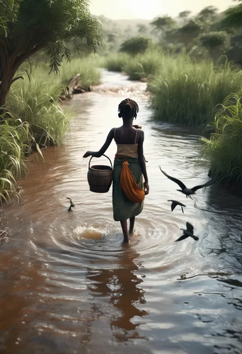 a super detailed,super realistic young teenage african girl fetching water with a wooden pot in a lonely scary river with trees ...