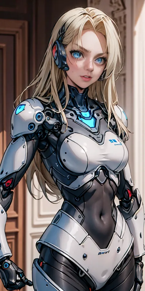 There is a woman in a robot suit posing next to an ancient building, Beautiful white girl half cyborg, Cute cyborg girl, Beautif...