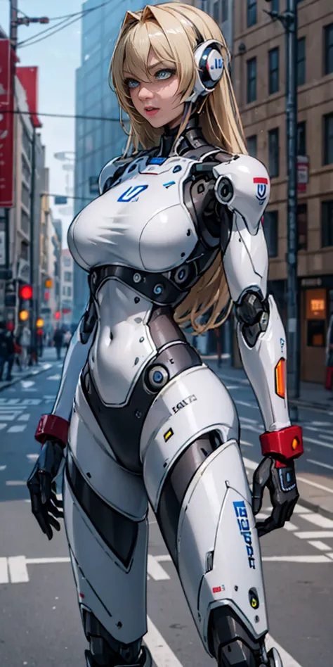 There is a woman in a robot suit posing next to an ancient building, Beautiful white girl half cyborg, Cute cyborg girl, Beautif...