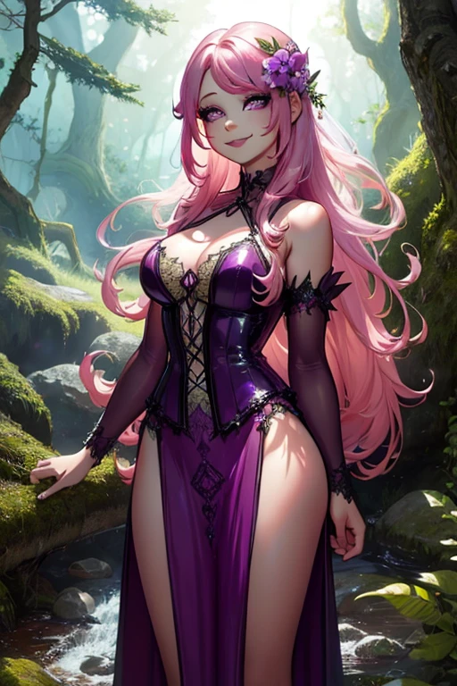 A pink haired female fariry with violet eyes with an hourglass figure wearing a Gothic fairy dress in an enchanted forest is posing with a smile