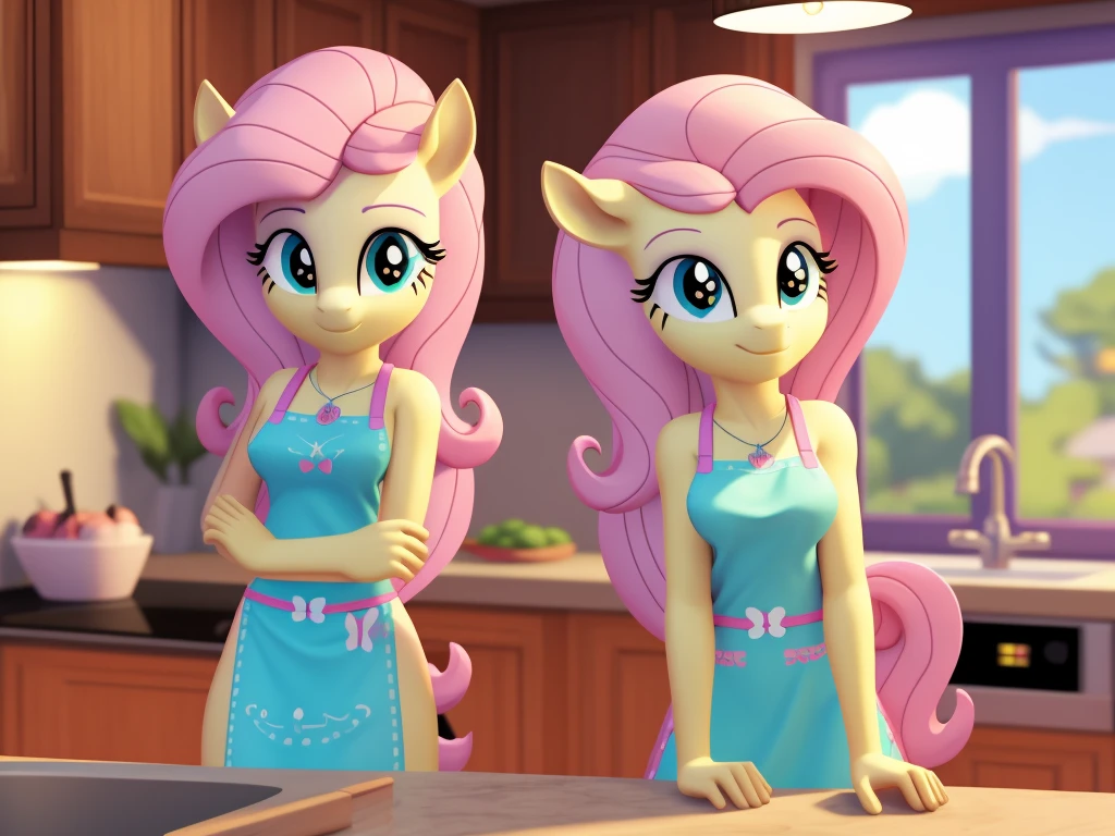 An anthropomorphic adult fluttershy wearing an apron standing at a counter in a kitchen, Not young、grown、pony close to adult woman、Low poly rendering by senior environment artist, Polycount trends, furry art, adorable digital paintings, cute 3d rendering, from overwatch, Super detailed rendering, cute detailed digital art, Highly detailed soft lighting, yellow pony, Stylized as a 3D rendering, Cute pony anime visuals