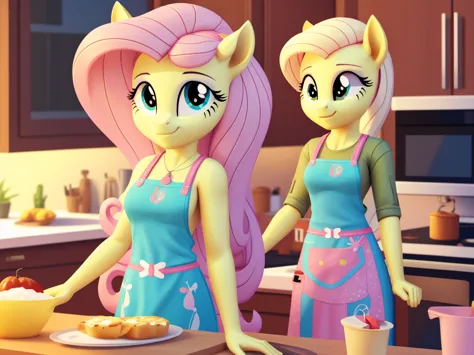 an anthropomorphic adult fluttershy wearing an apron standing at a counter in a kitchen, not young、grown、pony close to adult wom...