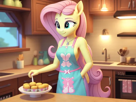 an anthropomorphic adult fluttershy wearing an apron standing at a counter in a kitchen, not young、grown、pony close to adult wom...