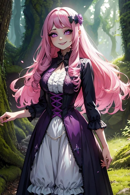 A pink haired female fariry with violet eyes with an hourglass figure wearing a conservative Gothic lolita dress in an enchanted forest is posing with a smile
